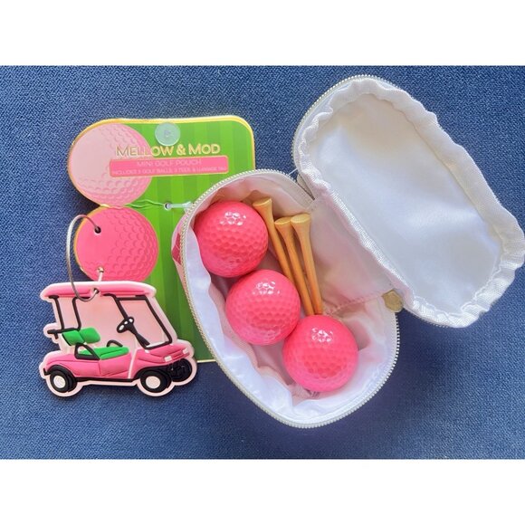 Pink Mini GOLF Pouch Bag Set Tag 3 Balls +Tees Golfer Gift Mellow & Mod Sports - Picture 3 of 8